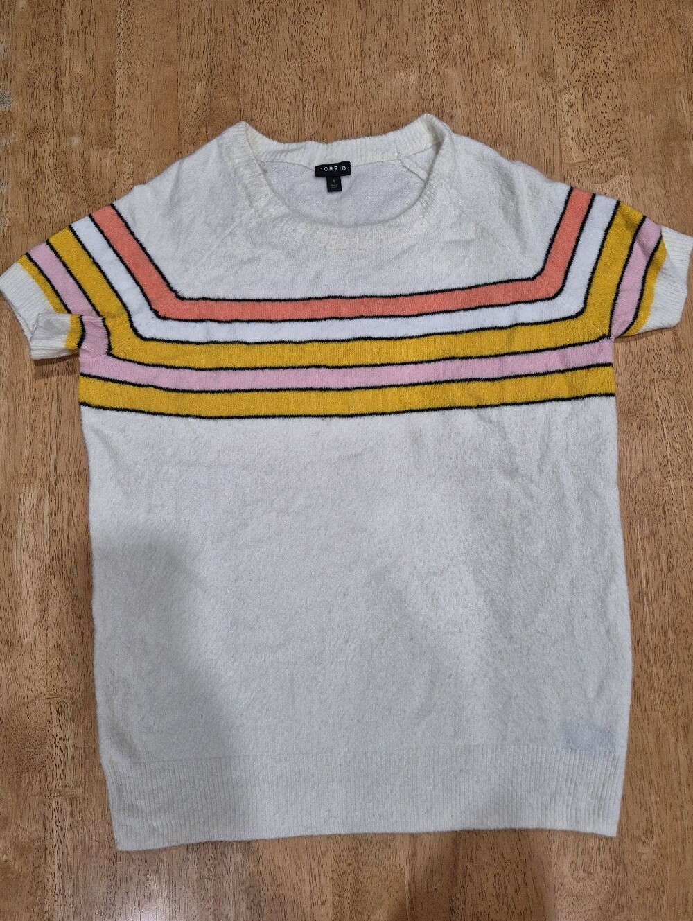 Torrid White Short-Sleeve Sweater Pink Orange Mustard Yellow Color Block Stripes